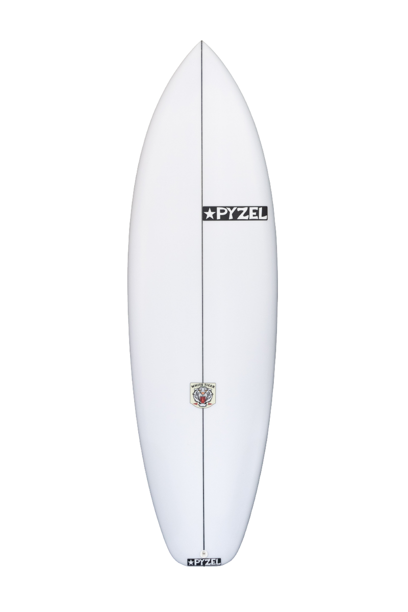 Image of a Pyzel White Tiger Surfboard with Futures in White