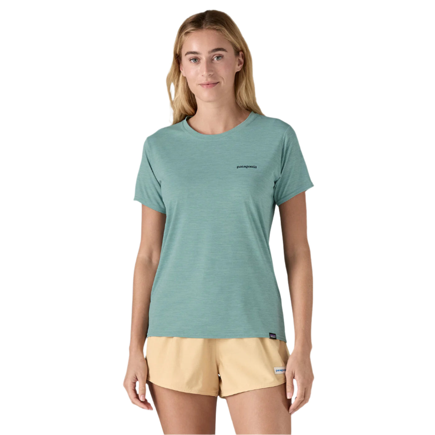 Patagonia Womens Cap Cool Daily Graphic Shirt - Waters Boardshort Logo: Thermal Blue X-Dye