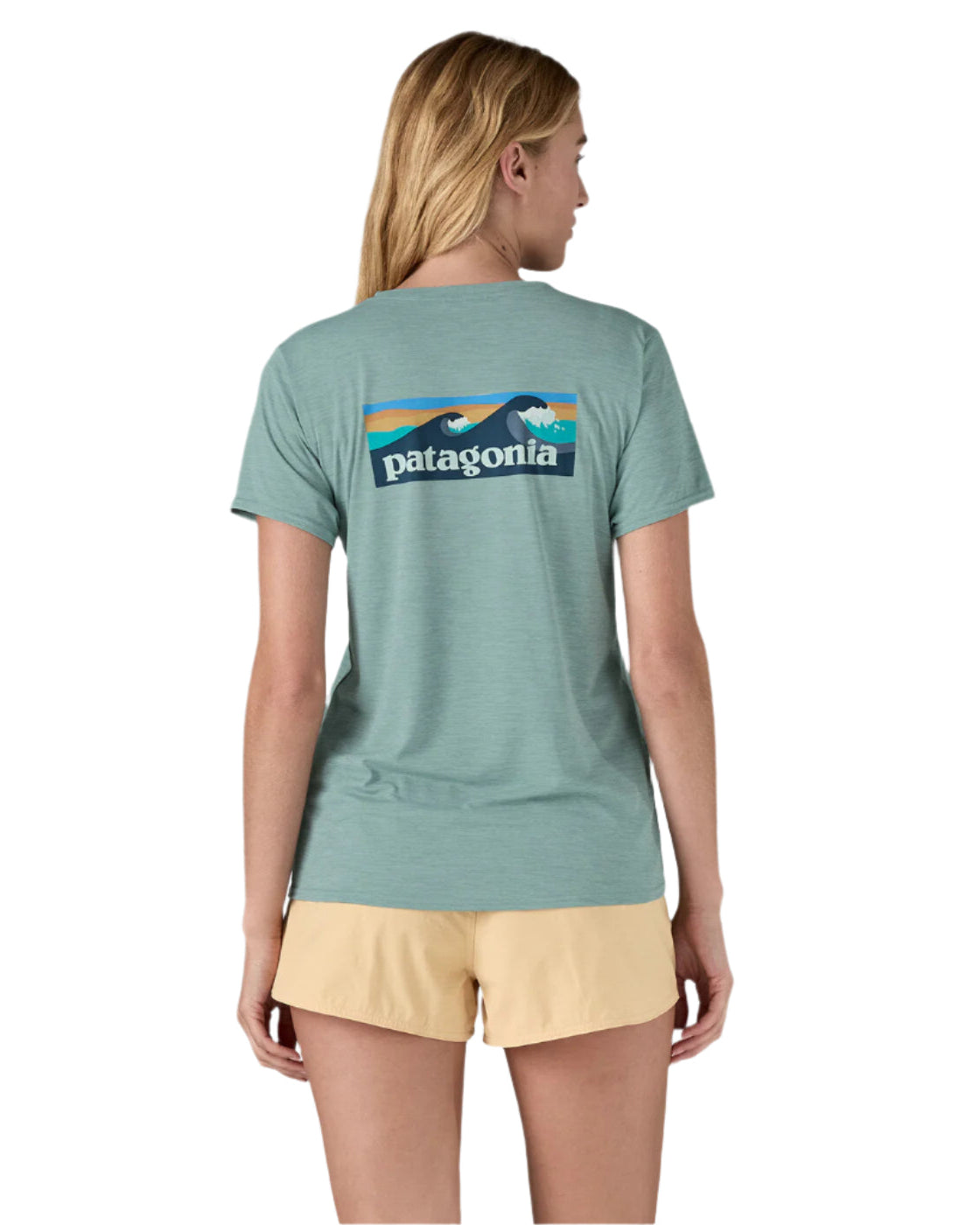 Patagonia Womens Cap Cool Daily Graphic Shirt - Waters Boardshort Logo: Thermal Blue X-Dye