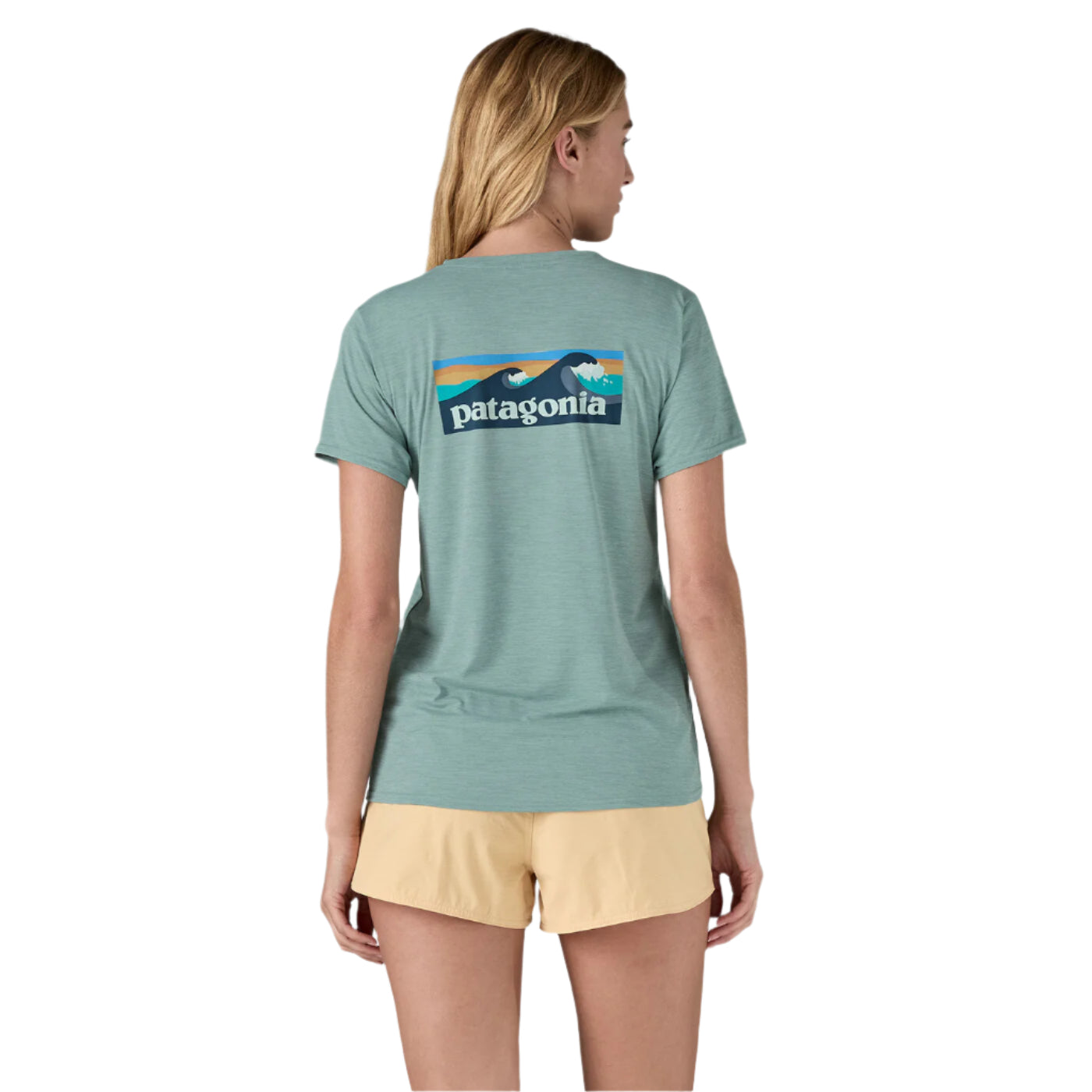 Patagonia Womens Cap Cool Daily Graphic Shirt - Waters Boardshort Logo: Thermal Blue X-Dye