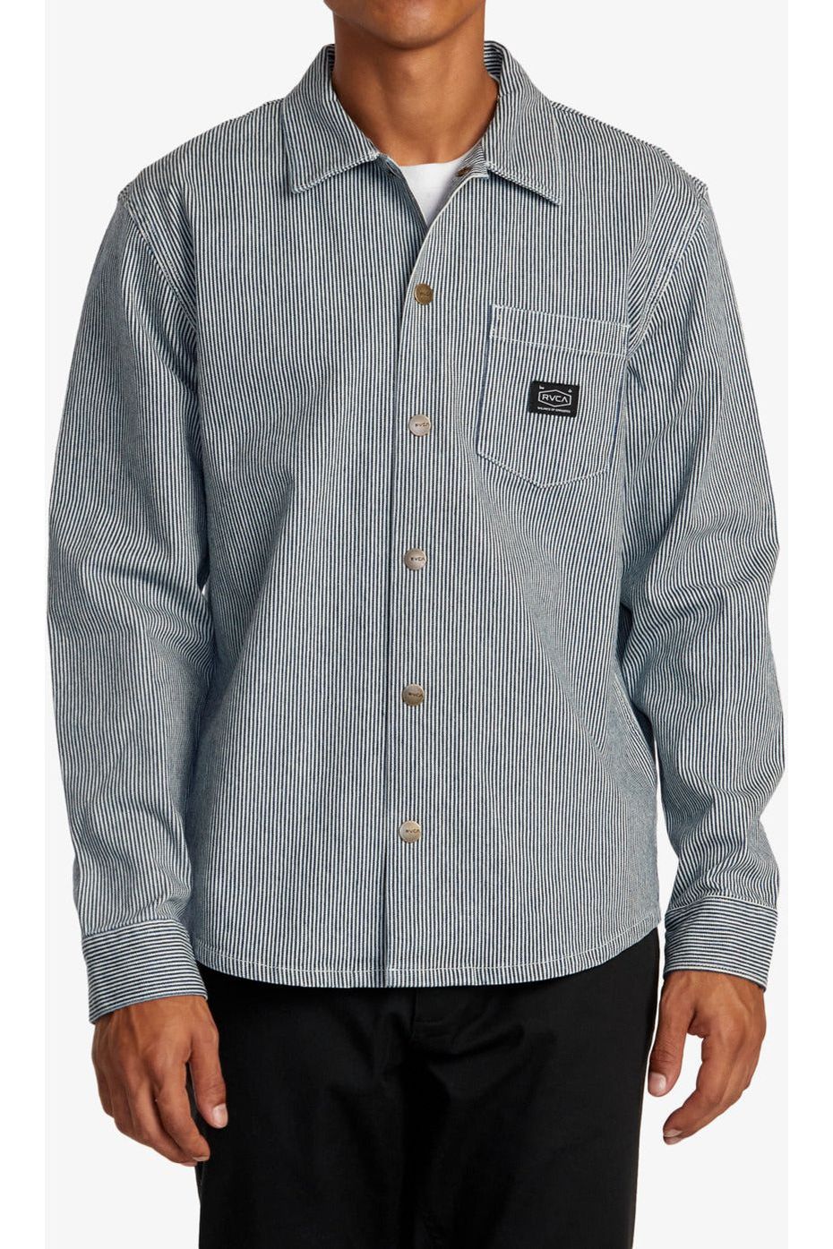 Rvca Chainmail Hickory Overshirt Long Sleeve Blue Hickory